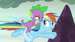 Size: 1920x1080 | Tagged: safe, derpibooru import, screencap, rainbow dash, spike, dragon, pegasus, pony, shadow play, dragons riding ponies, duo, female, flying, lidded eyes, looking at each other, male, mare, riding, spike riding rainbow dash