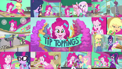 Size: 1280x721 | Tagged: safe, derpibooru import, edit, edited screencap, editor:quoterific, screencap, angel bunny, applejack, fluttershy, pinkie pie, sci-twi, twilight sparkle, rabbit, equestria girls, equestria girls series, tip toppings, tip toppings: applejack, tip toppings: fluttershy, tip toppings: twilight sparkle, spoiler:choose your own ending (season 2), spoiler:eqg series (season 2), animal, applejack's hat, belt, boots, bowtie, clothes, cowboy boots, cowboy hat, crossed arms, cute, cutie mark, cutie mark on clothes, denim skirt, diapinkes, eyes closed, food, froyo, geode of fauna, geode of sugar bombs, geode of super strength, geode of telekinesis, glasses, hairpin, hat, jewelry, laughing, magical geodes, necklace, ponytail, shoes, skirt, smiling, tanktop, yogurt