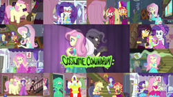 Size: 1280x721 | Tagged: safe, derpibooru import, edit, edited screencap, editor:quoterific, screencap, applejack, bulk biceps, fluttershy, posey, rarity, sunset shimmer, bat pony, human, costume conundrum, costume conundrum: applejack, costume conundrum: rarity, costume conundrum: sunset shimmer, equestria girls, equestria girls series, spoiler:choose your own ending (season 2), spoiler:eqg series (season 2), applejack's hat, bat ponified, boots, clothes, costume, cowboy boots, cowboy hat, cutie mark, cutie mark on clothes, denim skirt, duo, duo female, eyes closed, female, flutterbat, gamershy, geode of empathy, geode of fauna, geode of shielding, geode of super strength, glasses, gritted teeth, hairpin, hat, headphones, headset, headset mic, high heels, jacket, jewelry, leather, leather jacket, magical geodes, male, measuring tape, necklace, open mouth, pony costume, race swap, rarity peplum dress, rarity's glasses, shoes, skirt, solo, teeth, trio, trio female, vampire shimmer