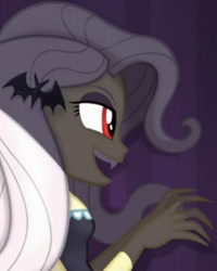 Size: 1920x2400 | Tagged: safe, derpibooru import, screencap, fluttershy, better together, costume conundrum, equestria girls, cropped, hairpin, title card, vampire teeth