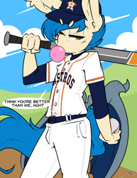 Size: 2550x3300 | Tagged: safe, artist:bbsartboutique, derpibooru import, oc, oc:moonshot, anthro, bat pony, baseball, baseball bat, bubblegum, dialogue, food, gum, hater fuel, houston astros, looking at you, male, solo, sports