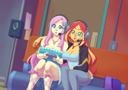 Size: 1760x1244 | Tagged: safe, artist:brother-tico, derpibooru import, fluttershy, princess luna, sunset shimmer, better together, equestria girls, game stream, arm around neck, big breasts, breasts, cleavage, controller, duo, duo female, female, gamer sunset, gamershy, geode of empathy, geode of fauna, headset, hootershy, huge breasts, magical geodes, sunset jiggler