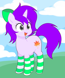 Size: 998x1200 | Tagged: safe, artist:ch-chau, derpibooru import, oc, oc only, oc:mable syrup, pony, unicorn, blind, bow, clothes, cloud, grass, happy, leaf, purple hair, socks, solo, striped socks