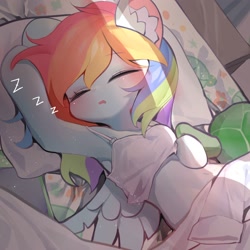 Size: 2000x2000 | Tagged: safe, artist:amo, derpibooru import, rainbow dash, anthro, pegasus, semi-anthro, unguligrade anthro, adorasexy, arm hooves, bed, blushing, bra, breasts, chestbreasts, clothes, cute, dashabetes, female, mare, midriff, sexy, sleeping, solo, spread wings, stupid sexy rainbow dash, underwear, wings