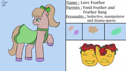 Size: 1280x720 | Tagged: safe, artist:schumette14, derpibooru import, oc, oc:love feather, earth pony, next generation, offspring, parent:feather bangs, parent:fond feather, parents:featherfond, parents:fondbangs