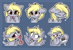 Size: 1268x882 | Tagged: safe, artist:anti1mozg, derpibooru import, derpy hooves, pegasus, pony, bust, concentrating, crying, cuffs, ears, eyebrows, eyes closed, feather, female, flirty, floppy ears, happy, heart tongue, hoof hold, mare, mouth hold, open mouth, sad, screwdriver, shrunken pupils, startled, sticker pack, toaster, tongue, tongue out