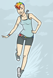 Size: 410x600 | Tagged: safe, artist:cloverweed, derpibooru import, rainbow dash, human, bandaid, belt, clothes, dog tags, ear piercing, earring, female, freckles, humanized, jewelry, piercing, shorts, solo, sports bra, tanktop, undercut, wristband