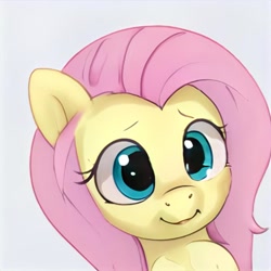 Size: 1024x1024 | Tagged: safe, artist:thisponydoesnotexist, derpibooru import, pinkie pie, pony, blue eyes, bust, female, mare, neural network, not fluttershy, simple background, smiling, white background, yellow coat