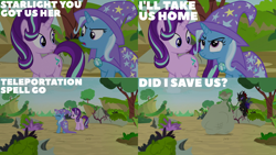 Size: 1280x720 | Tagged: safe, derpibooru import, edit, edited screencap, editor:quoterific, screencap, pharynx, starlight glimmer, trixie, changeling, pony, unicorn, to change a changeling, bag, cape, clothes, duo, duo female, eyes closed, female, flying, glowing horn, hat, horn, magic, magic aura, male, open mouth, purple changeling, solo, teleportation, trixie's cape, trixie's hat