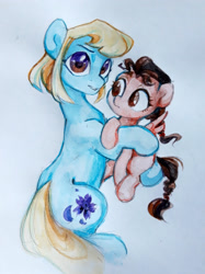 Size: 2157x2877 | Tagged: safe, artist:jewellier, derpibooru import, oc, oc only, oc:july, earth pony, pegasus, pony, female, hug, mother and child, mother and daughter, oda 997, parent and child, simple background, traditional art