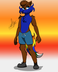 Size: 1200x1500 | Tagged: safe, artist:jay_wackal, derpibooru import, oc, oc only, oc:rubik, anthro, clothes, male, original character do not steal, pants, partial nudity, solo, topless