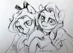 Size: 1600x1169 | Tagged: safe, artist:jewellier, derpibooru import, oc, oc only, pegasus, pony, hug, monochrome, oda 997, sketch, traditional art