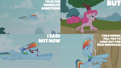 Size: 1280x720 | Tagged: safe, derpibooru import, edit, edited screencap, editor:quoterific, screencap, pinkie pie, rainbow dash, earth pony, pegasus, pony, griffon the brush off, crash, eyes closed, flying, gritted teeth, mountain, open mouth, running, solo, teeth