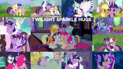 Size: 1280x721 | Tagged: safe, derpibooru import, edit, edited screencap, editor:quoterific, screencap, applejack, blue october, blueberry muffin, bon bon, doctor whooves, fluttershy, meadow song, pinkie pie, princess cadance, princess celestia, princess ember, princess luna, rainbow dash, rarity, shining armor, spike, spring melody, sprinkle medley, sweetie drops, twilight sparkle, twilight sparkle (alicorn), unicorn twilight, alicorn, dragon, earth pony, pegasus, pony, unicorn, a canterlot wedding, a royal problem, amending fences, fame and misfortune, friendship is magic, party pooped, princess twilight sparkle (episode), the crystal empire, the hooffields and mccolts, the saddle row review, triple threat, twilight's kingdom, applejack's hat, clothes, cowboy hat, crying, dragoness, eyes closed, female, hat, hug, male, mane seven, mane six, open mouth, ponyville, shocked, single tear, sugarcube corner, teeth, twilight's castle