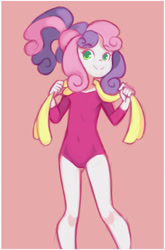 Size: 1040x1580 | Tagged: safe, artist:drantyno, derpibooru import, sweetie belle, equestria girls, breasts, clothes, cute, diasweetes, legs, leotard, ponytail, smiling, solo, sweetie boobs, towel