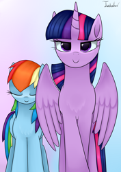Size: 2480x3507 | Tagged: safe, artist:twidasher, derpibooru import, rainbow dash, twilight sparkle, twilight sparkle (alicorn), alicorn, pegasus, pony, chest fluff, close-up, determined, duo, eyes closed, female, gradient background, height difference, lesbian, looking at you, mare, shipping, signature, size difference, twidash