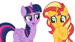 Size: 1024x573 | Tagged: safe, artist:emeraldblast63, derpibooru import, sunset shimmer, twilight sparkle, twilight sparkle (alicorn), alicorn, pony, unicorn, cute, duo, duo female, female, looking down, open mouth, sequel, shimmerbetes, simple background, transparent background, vector