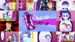 Size: 1280x722 | Tagged: safe, derpibooru import, edit, edited screencap, editor:quoterific, screencap, applejack, pinkie pie, rainbow dash, rarity, twilight sparkle, human, eqg summertime shorts, equestria girls, make up shake up, :p, apple, bare shoulders, belt, boots, clothes, collage, cowboy boots, cowboy hat, cutie mark, cutie mark on clothes, duckface, eyes closed, fall formal outfits, female, food, hat, jumping, lipstick, mirror, open mouth, shocked, shoes, smooch, tongue, tongue out, twilight ball dress