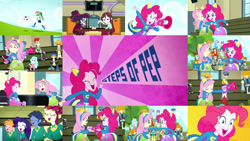 Size: 1280x721 | Tagged: safe, derpibooru import, edit, edited screencap, editor:quoterific, screencap, big macintosh, flash sentry, fluttershy, microchips, pinkie pie, rainbow dash, rarity, sandalwood, scribble dee, human, eqg summertime shorts, equestria girls, steps of pep, chess, clothes, duo, duo female, eyes closed, female, glasses, male, megaphone, open mouth, singing, sitting, soccer ball (object), soccer field, solo, the ponytones, unamused