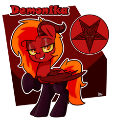 Size: 1396x1496 | Tagged: safe, artist:lou, derpibooru import, oc, oc:demonika, succubus, succubus pony, bicolor mane, clothes, commission, cutie mark background, female, horn, orange eyes, pantyhose, simple background, solo, solo female, wings