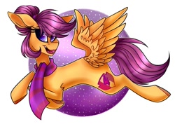 Size: 999x706 | Tagged: safe, artist:moshi.poni, derpibooru import, scootaloo, pegasus, pony, abstract background, butt wings, clothes, cutie mark, eyelashes, female, looking back, mare, open mouth, scarf, smiling, solo, the cmc's cutie marks, wings