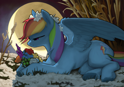 Size: 2000x1403 | Tagged: safe, artist:redruin01, derpibooru import, rainbow dash, pegasus, pony, beautiful, female, flower, flower in hair, lying down, mare, on side, solo, spread wings, underhoof, wings