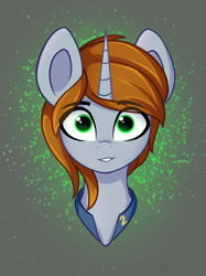 Size: 1600x2134 | Tagged: safe, artist:stravyvox, derpibooru import, oc, oc:littlepip, pony, unicorn, fallout equestria, alternate hairstyle, big horn, bust, clothes, female, hair over one eye, horn, looking at you, mare, smiling, smiling at you, vault suit