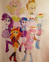 Size: 1080x1350 | Tagged: safe, artist:mmy_little_drawings, derpibooru import, applejack, fluttershy, pinkie pie, rainbow dash, rarity, sunset shimmer, twilight sparkle, equestria girls, boots, clothes, female, high heel boots, humane five, humane seven, humane six, ponied up, shoes, skirt, traditional art, watermark