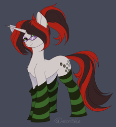 Size: 2496x2730 | Tagged: safe, artist:neonishe, derpibooru import, oc, oc only, oc:d-pad, pony, unicorn, chest fluff, clothes, glasses, ponytail, socks, solo, striped socks