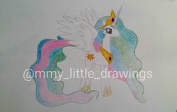 Size: 1080x681 | Tagged: safe, artist:mmy_little_drawings, derpibooru import, princess celestia, alicorn, pony, female, hoof shoes, horn, jewelry, mare, peytral, solo, tiara, traditional art, watermark, wings