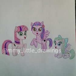 Size: 1080x1080 | Tagged: safe, artist:mmy_little_drawings, derpibooru import, oc, oc only, earth pony, pegasus, pony, bow, earth pony oc, eyelashes, female, hair bow, lying down, mare, open mouth, pegasus oc, prone, rearing, smiling, traditional art, watermark, wings