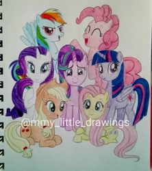 Size: 1080x1216 | Tagged: safe, artist:mmy_little_drawings, derpibooru import, applejack, fluttershy, pinkie pie, rainbow dash, rarity, twilight sparkle, twilight sparkle (alicorn), alicorn, earth pony, pegasus, pony, unicorn, eyelashes, female, hat, horn, lying down, mane six, mane six opening poses, mare, prone, raised hoof, raised leg, smiling, traditional art, watermark, wings