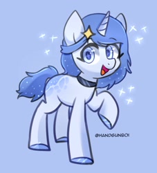 Size: 1500x1650 | Tagged: safe, artist:handgunboi, derpibooru import, oc, oc only, pony, unicorn, art trade, blue background, choker, female, looking at you, mare, simple background, solo, sparkles, sparkling