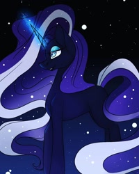 Size: 1080x1350 | Tagged: safe, alternate version, artist:tessa_key_, derpibooru import, nightmare rarity, pony, unicorn, bedroom eyes, colored, eyelashes, female, glowing horn, horn, makeup, mare, night, outdoors, solo, stars