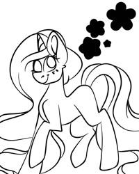 Size: 1080x1350 | Tagged: safe, artist:tessa_key_, derpibooru import, oc, oc only, pony, unicorn, female, horn, lineart, mare, monochrome, one eye closed, raised hoof, raised leg, simple background, smiling, solo, unicorn oc, white background, wink