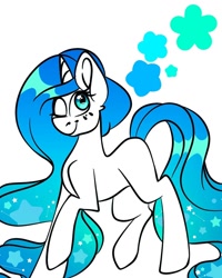 Size: 1080x1350 | Tagged: safe, alternate version, artist:tessa_key_, derpibooru import, oc, oc only, pony, unicorn, ethereal mane, female, horn, mare, one eye closed, partial color, raised hoof, raised leg, simple background, smiling, solo, starry mane, unicorn oc, white background, wink