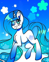 Size: 1080x1350 | Tagged: safe, alternate version, artist:tessa_key_, derpibooru import, oc, oc only, pony, unicorn, colored, ethereal mane, female, horn, mare, one eye closed, raised hoof, raised leg, smiling, solo, starry mane, unicorn oc, wink