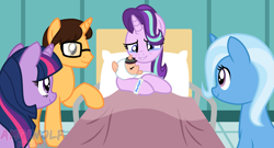 Size: 2283x1231 | Tagged: safe, artist:amgiwolf, derpibooru import, starlight glimmer, oc, oc:brandon, earth pony, pony, baby, baby pony, base used, bed, bust, canon x oc, commission, earth pony oc, female, hat, hospital bed, indoors, male, mare, offspring, parent:starlight glimmer, parents:canon x oc, raised hoof, raised leg, smiling, stallion, ych result