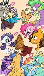 Size: 540x938 | Tagged: safe, artist:cocolove2176, derpibooru import, applejack, capper dapperpaws, cheese sandwich, discord, flash sentry, fluttershy, pinkie pie, rainbow dash, rarity, spike, twilight sparkle, twilight sparkle (alicorn), zephyr breeze, abyssinian, alicorn, draconequus, dragon, earth pony, pegasus, pony, unicorn, applespike, bedroom eyes, blushing, bust, capperity, cheesepie, clothes, discoshy, eyelashes, eyes closed, female, flashlight, grin, heart, hoof kissing, male, mare, shipping, smiling, stallion, straight, wings, zephdash