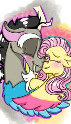 Size: 540x938 | Tagged: safe, artist:cocolove2176, derpibooru import, discord, fluttershy, draconequus, pegasus, pony, abstract background, blushing, bust, discoshy, female, male, mare, shipping, smiling, straight, two toned wings, wings