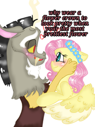 Size: 899x1200 | Tagged: safe, artist:cocolove2176, derpibooru import, discord, fluttershy, draconequus, pegasus, pony, blushing, bust, cheek squish, discoshy, eyelashes, female, floral head wreath, flower, grammar error, heart, male, mare, shipping, simple background, smiling, squishy cheeks, straight, talking, white background, wings