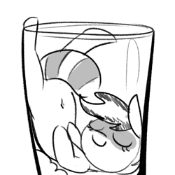 Size: 1000x1000 | Tagged: safe, artist:tjpones, derpibooru import, oc, oc only, oc:bandy cyoot, hybrid, pony, raccoon, raccoon pony, belly button, cup, cup of pony, cute, eyes closed, female, glass, glass of pony, grayscale, mare, micro, monochrome, ocbetes, simple background, solo, white background