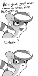 Size: 1000x2000 | Tagged: safe, artist:tjpones, derpibooru import, oc, oc only, oc:bandy cyoot, hybrid, pony, raccoon, raccoon pony, 2 panel comic, comic, dialogue, female, looking at you, mare, simple background, solo, white background
