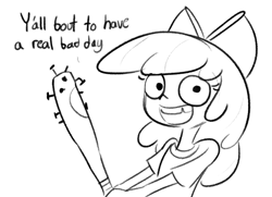 Size: 1380x1000 | Tagged: safe, artist:tjpones, derpibooru import, apple bloom, equestria girls, baseball bat, black and white, female, grayscale, looking at you, monochrome, nail, simple background, solo, talking to viewer, team fortress 2, threat, tooth gap, weapon, white background