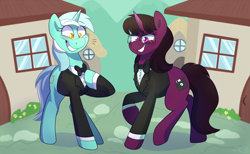 Size: 2600x1600 | Tagged: safe, artist:2k.bugbytes, lyra heartstrings, oc, oc:heart drive, pony, unicorn, bowtie, butt freckles, clothes, commission, detailed background, duo, duo female, featured image, female, freckles, gentlemare lyra, glasses, horn, mare, ponybooru mascot, raised hoof, raised leg, smiling, tuxedo
