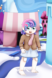Size: 4000x6000 | Tagged: safe, artist:pvryohei, princess flurry heart, human, barefoot, barefooting, clothes, crystal empire, cute, feet, female, humanized, jacket, scarf, skirt, snow, soles, solo, walking