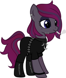 Size: 5000x5831 | Tagged: safe, artist:n0kkun, derpibooru import, oc, oc only, oc:raven mist, earth pony, pony, belt, boots, cigarette, cigarette smoke, clothes, ear piercing, earring, eyeshadow, female, freckles, jewelry, makeup, mare, pants, piercing, shirt, shoes, simple background, smoke, smoking, solo, t-shirt, transparent background, wristband