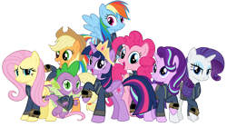 Size: 5360x3008 | Tagged: safe, artist:alandssparkle, artist:andoanimalia, artist:patec, artist:ponygamer2020, artist:snapshopvisuals, derpibooru import, applejack, fluttershy, pinkie pie, rainbow dash, rarity, spike, starlight glimmer, twilight sparkle, twilight sparkle (alicorn), alicorn, dragon, earth pony, pegasus, pony, unicorn, fallout equestria, applejack's hat, bipedal, clothes, cowboy hat, crown, fallout, female, flying, hat, jewelry, jumpsuit, looking at you, male, mane eight, mane seven, mane six, open mouth, pipboy, regalia, simple background, teeth, transparent background, vault suit, vector