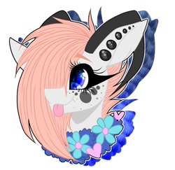 Size: 1000x970 | Tagged: safe, alternate version, artist:moshi.poni, derpibooru import, oc, oc only, pony, :p, abstract background, bust, colored, ear piercing, eyelashes, female, flower necklace, hair over one eye, horns, mare, piercing, solo, tongue, tongue out