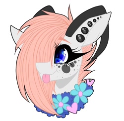 Size: 1002x975 | Tagged: safe, alternate version, artist:moshi.poni, derpibooru import, oc, oc only, pony, :p, background removed, bust, colored, ear piercing, eyelashes, female, flower necklace, hair over one eye, horns, mare, piercing, simple background, solo, tongue, tongue out, white background